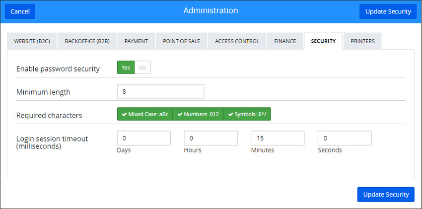 Administrator Control Panel's Security Settings